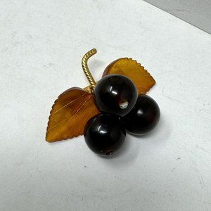 Vintage Russian Carved Cognac Cherry Amber berries and Leaf Brooch